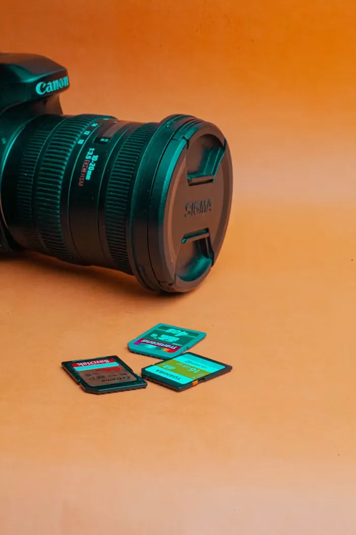 A camera and memory cards on an orange background