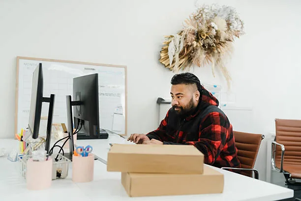 A seller working at a monitor beside stacked parcels