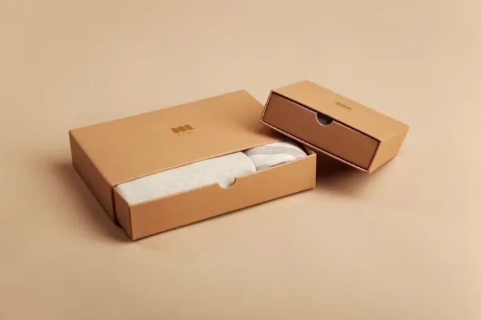 Plain kraft shipping boxes, open and closed