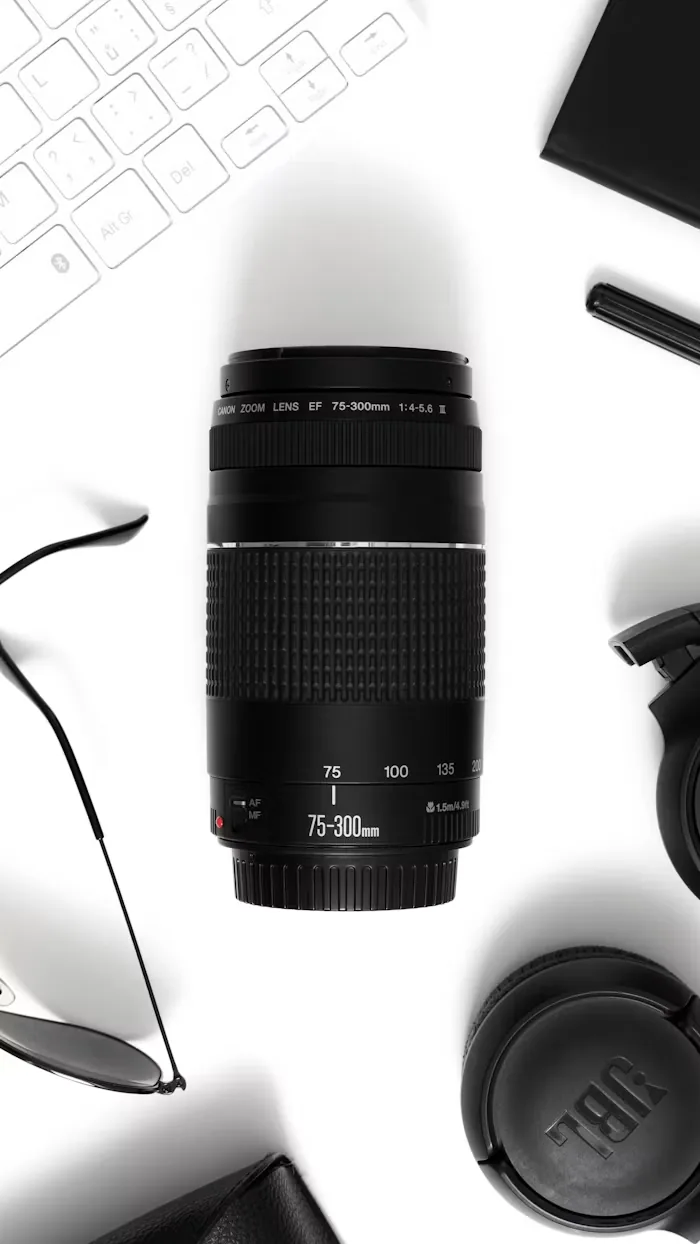 A telephoto lens on a white background
