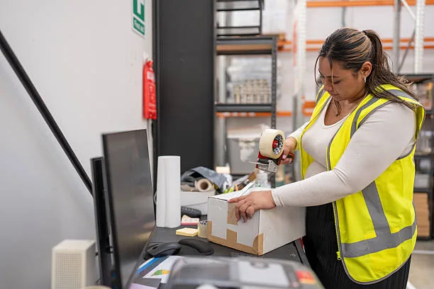 A worker in a hi-vis vest taping a box at a packing bench