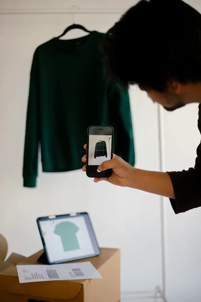 Someone photographing a green sweater on a hanger