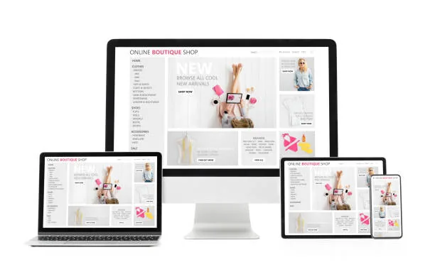 The same shop rendered on a laptop, tablet, monitor and phone