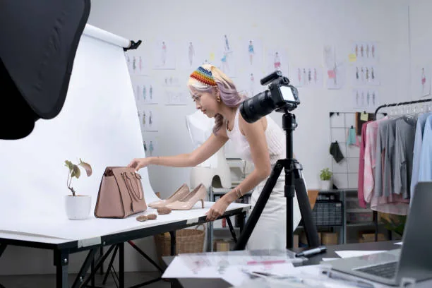 A stylist arranging a handbag for a product photo